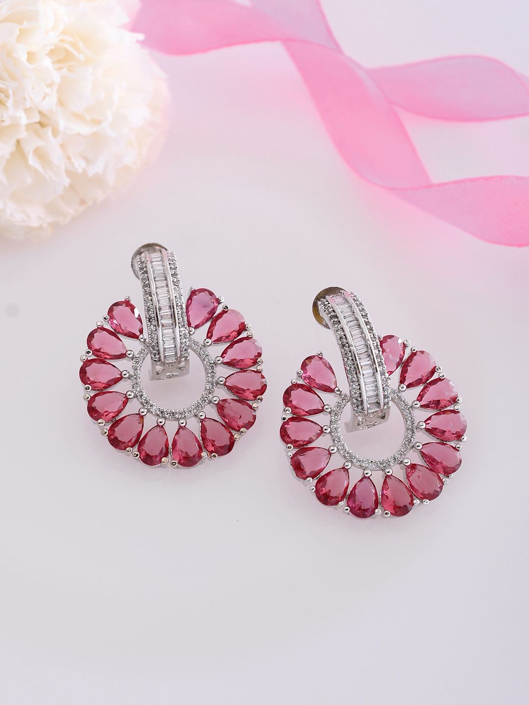 

Voylla Rhodium-Plated Contemporary Cubic Zirconia Drop Earrings, Silver