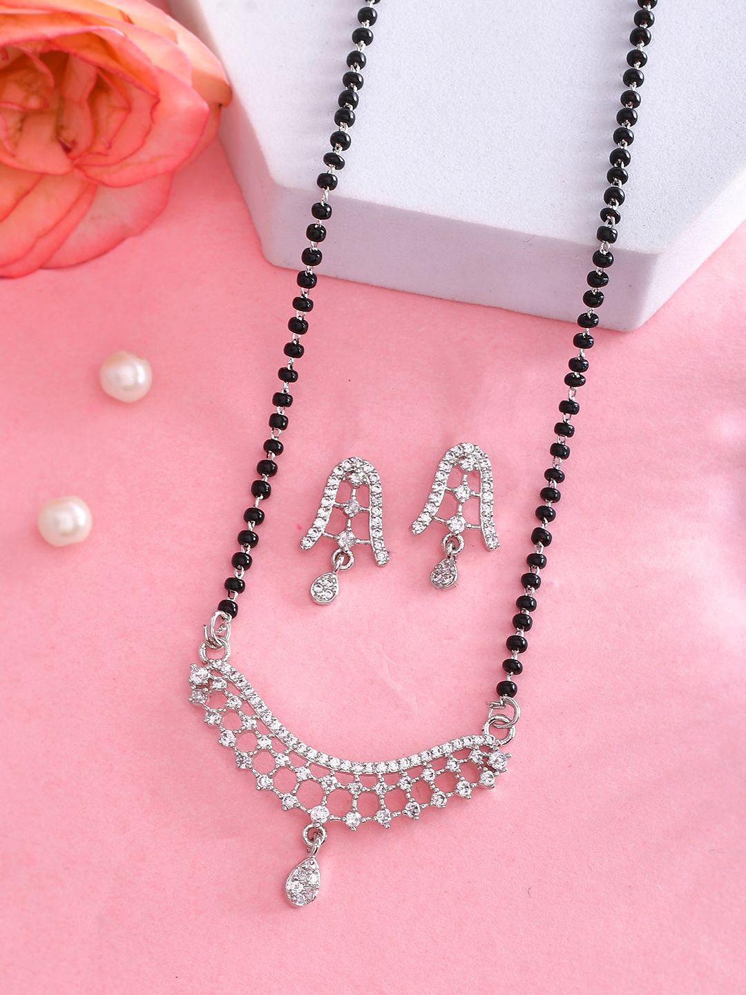 

Voylla Silver Plated Stones & Beads Mangalsutra With Earrings