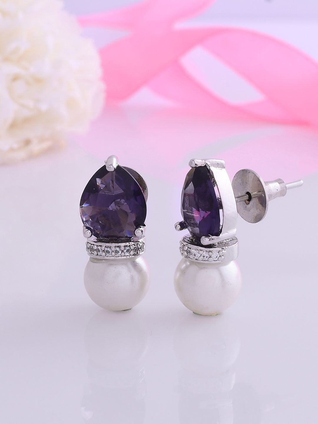 

Voylla Rhodium-Plated Contemporary Brass Artificial Stones and Beads Drop Earrings, Silver