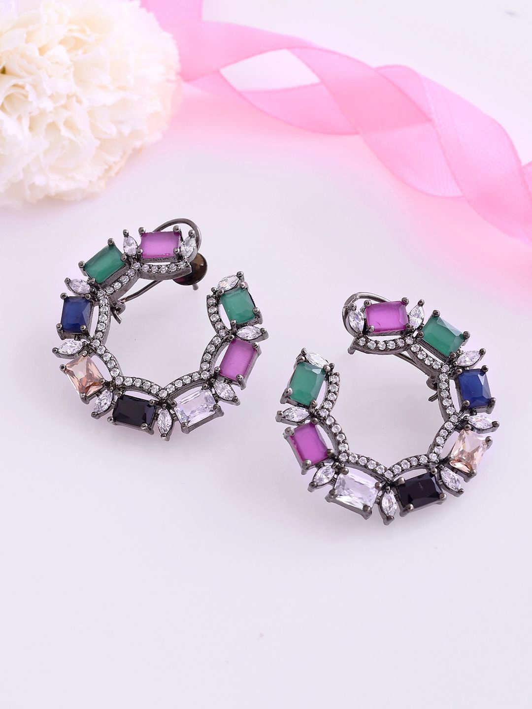 

Voylla Rhodium-Plated Contemporary Brass Artificial Stones Studs Earrings, Silver