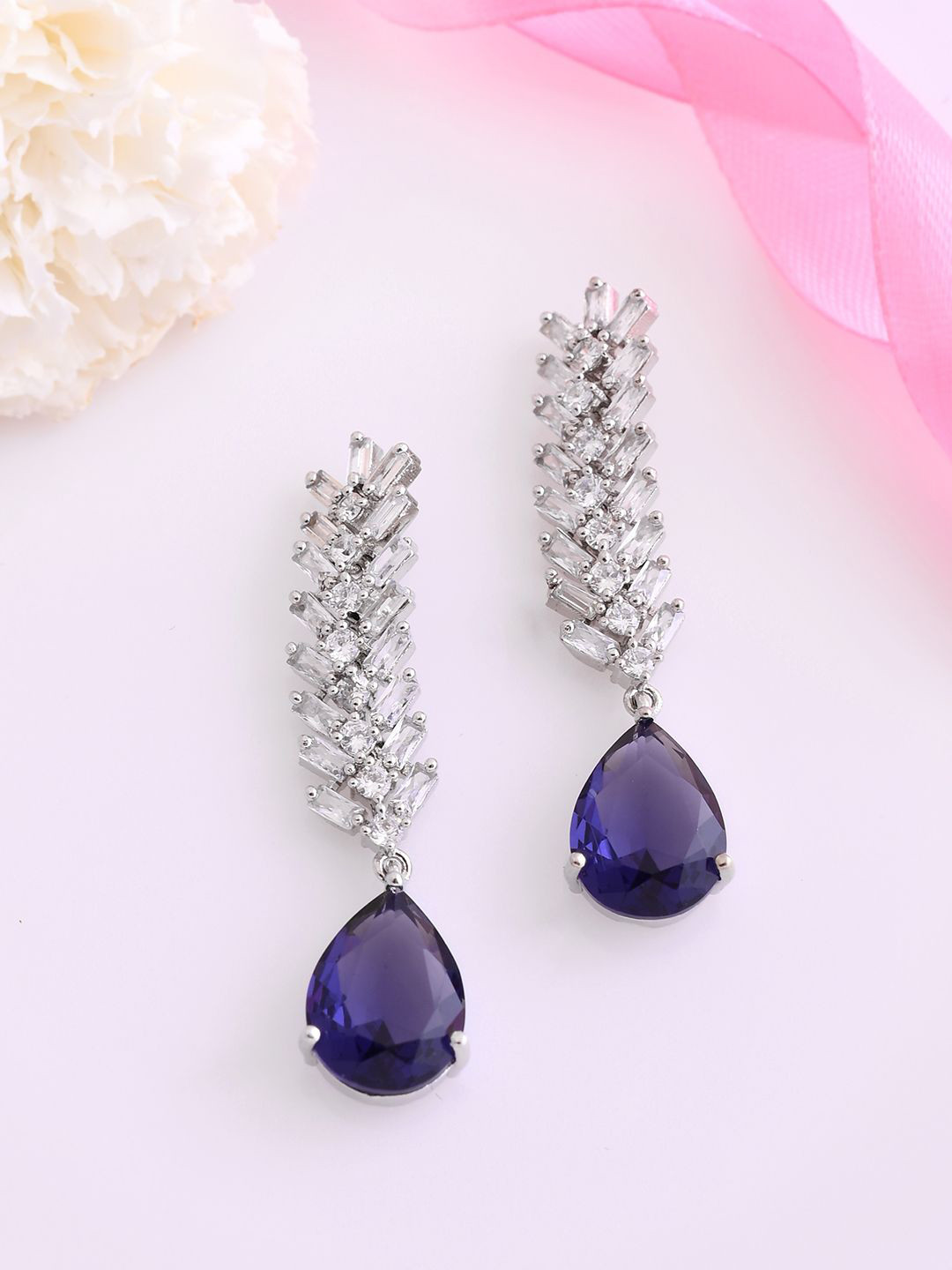 

Voylla Rhodium-Plated Contemporary Brass Artificial Stones Drop Earrings, Silver
