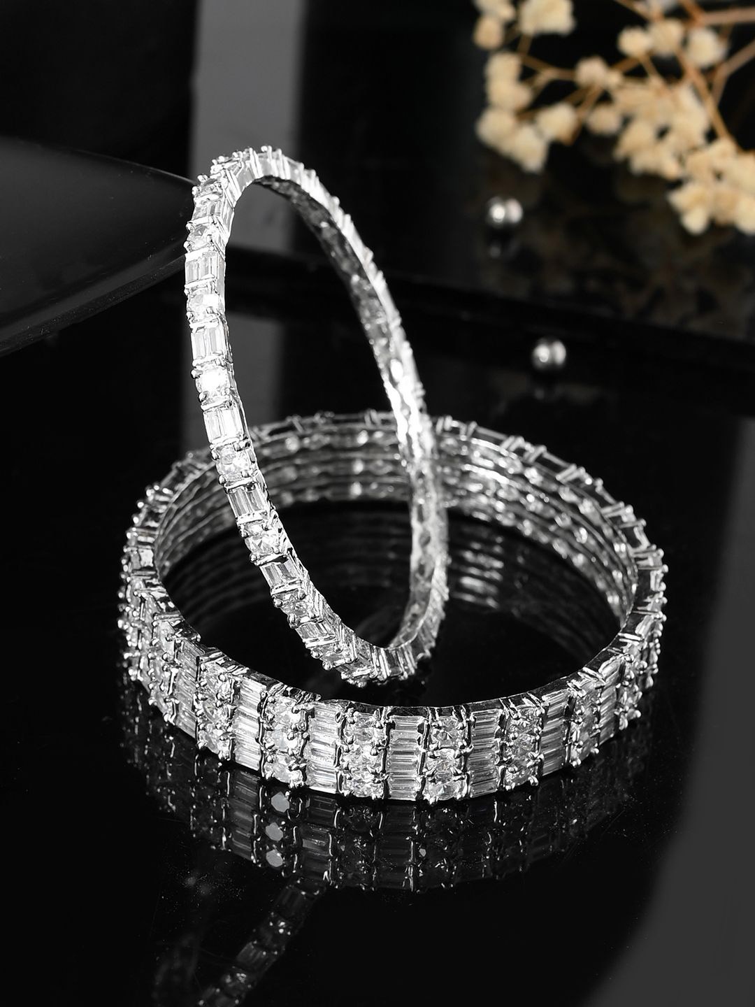 

Voylla Set Of 4 Rhodium Plated Cubic Zirconia Studded Bangles, Silver