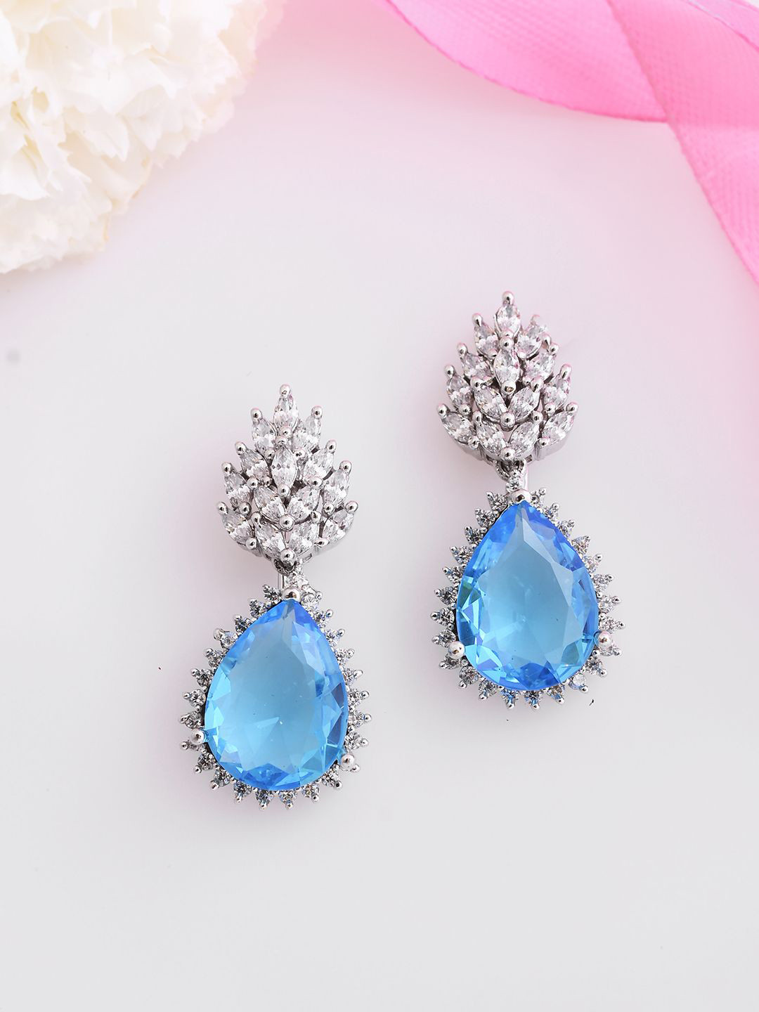 

Voylla Rhodium-Plated Contemporary Brass Artificial Stones Drop Earrings, Silver