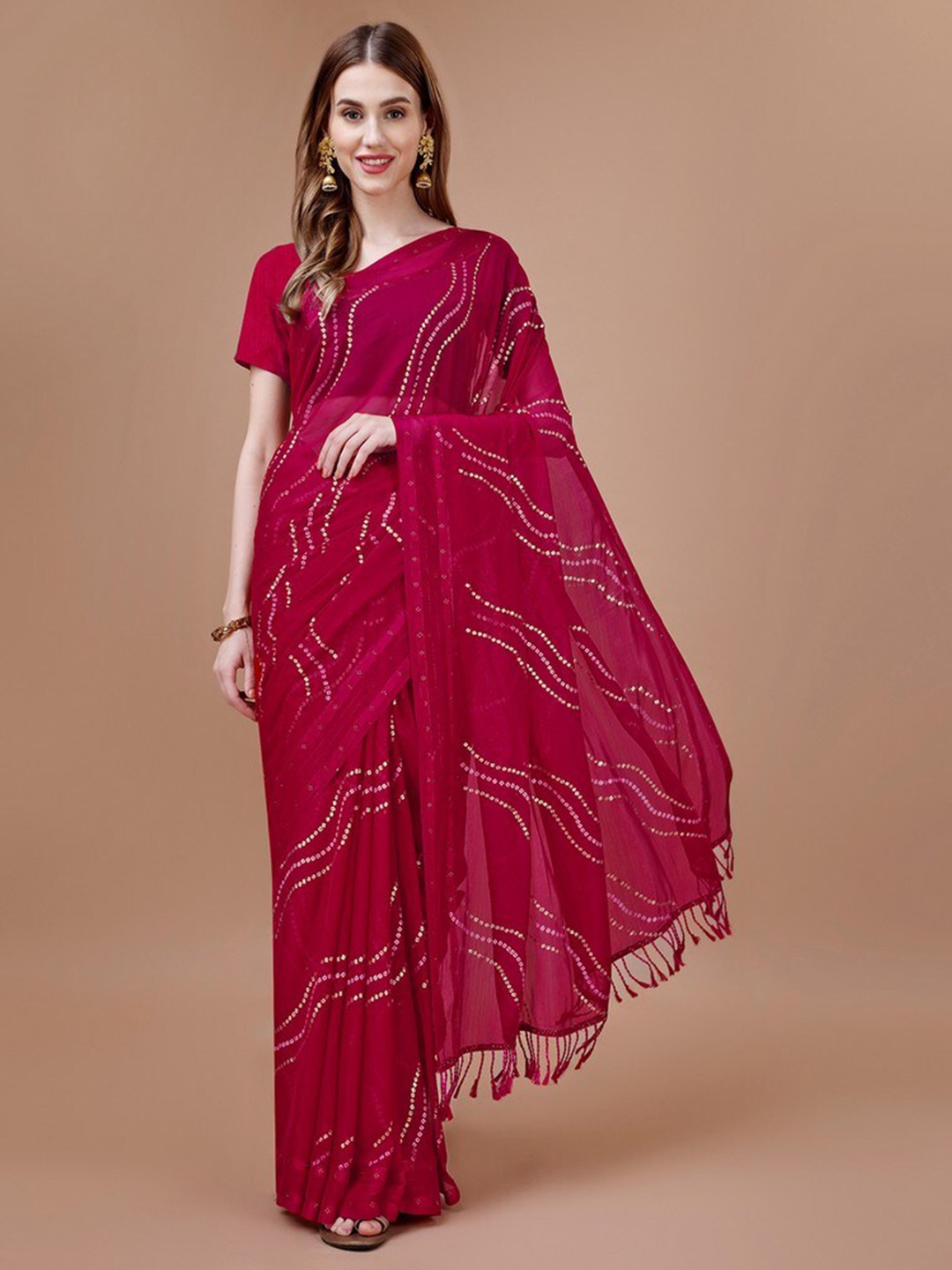 

HERE&NOW Bandhani Beads and Stones Pure Chiffon Saree, Red