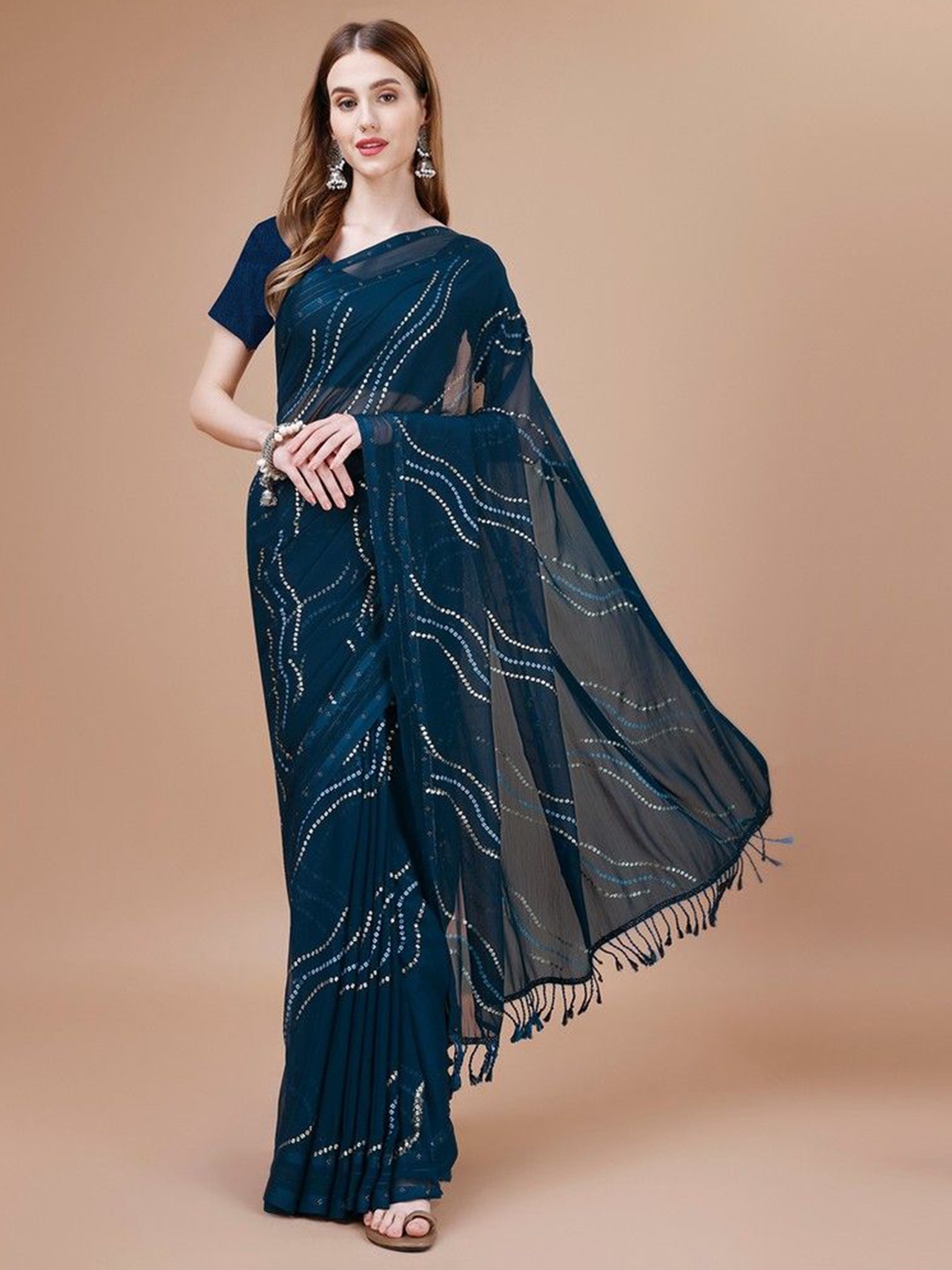 

HERE&NOW Polka Dot Pure Chiffon Saree, Navy blue