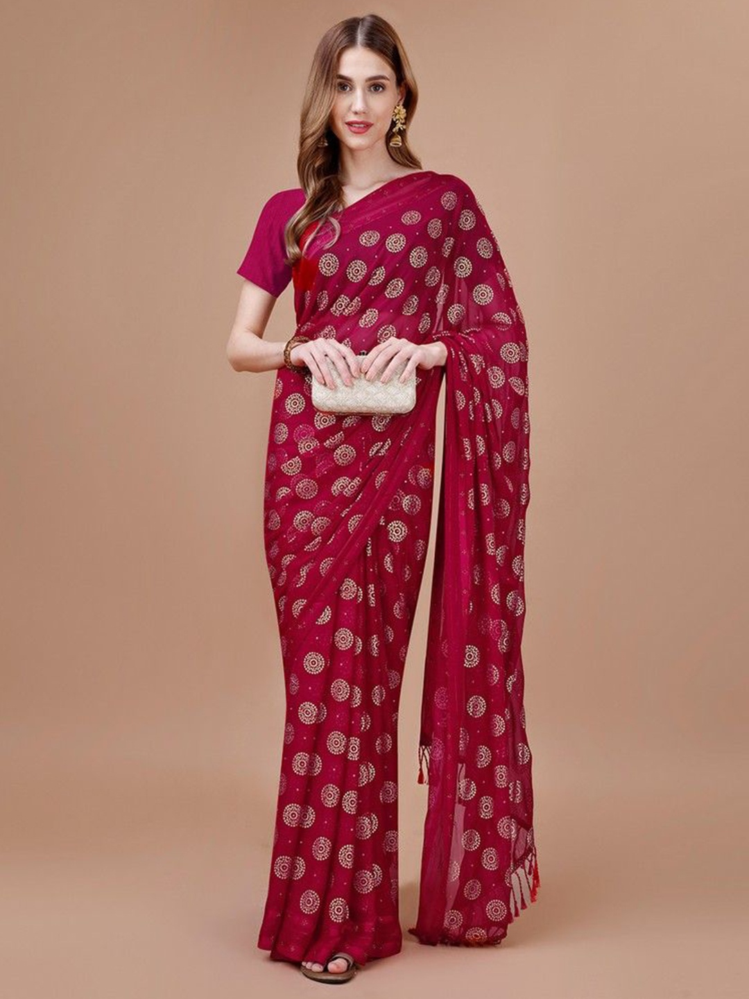 

HERE&NOW Bandhani Pure Chiffon Saree, Maroon