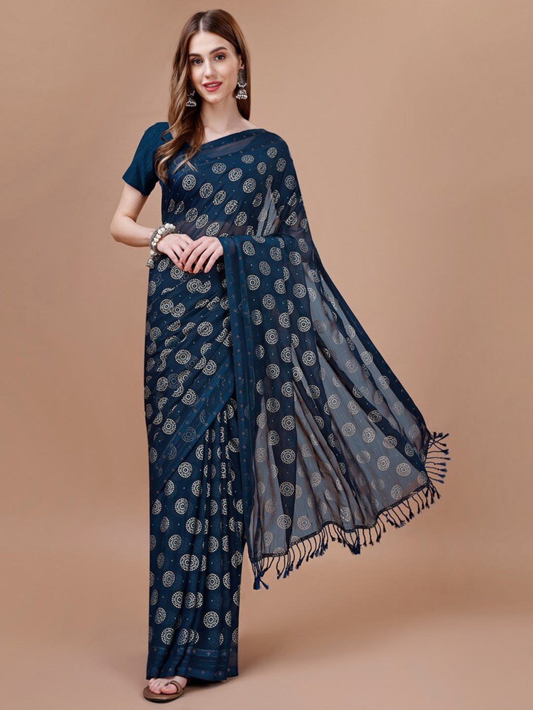 

HERE&NOW Bandhani Beads and Stones Pure Chiffon Saree, Navy blue