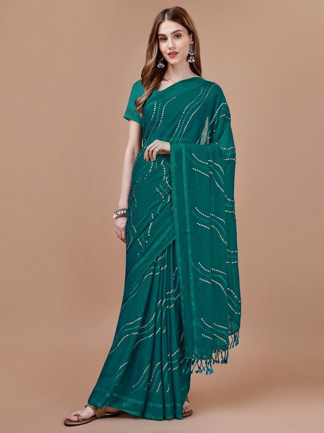 

HERE&NOW Bandhani Pure Chiffon Saree, Teal