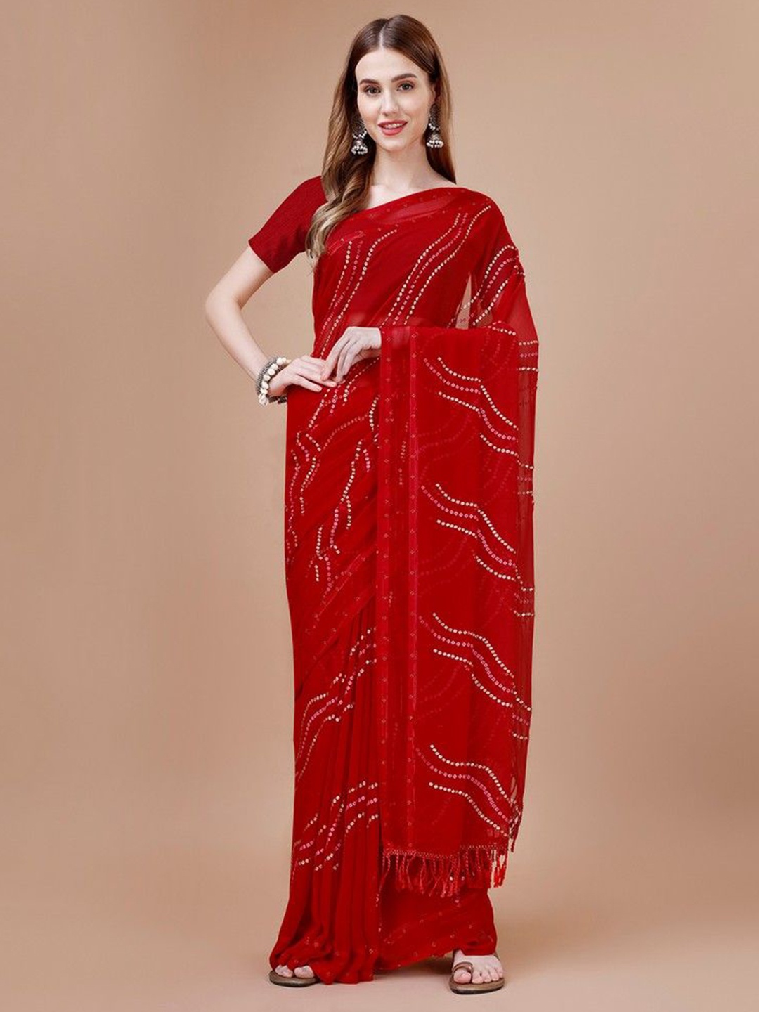 

HERE&NOW Bandhani Beads and Stones Pure Chiffon Saree, Maroon