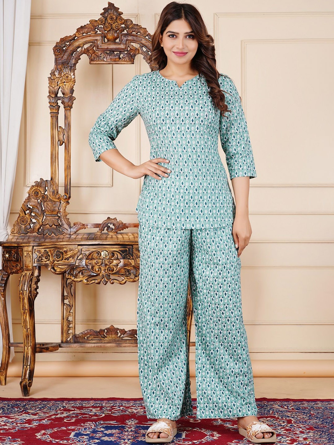

RAJPUTANA CAMISA Floral Printed Pure Cotton Night suit, Green