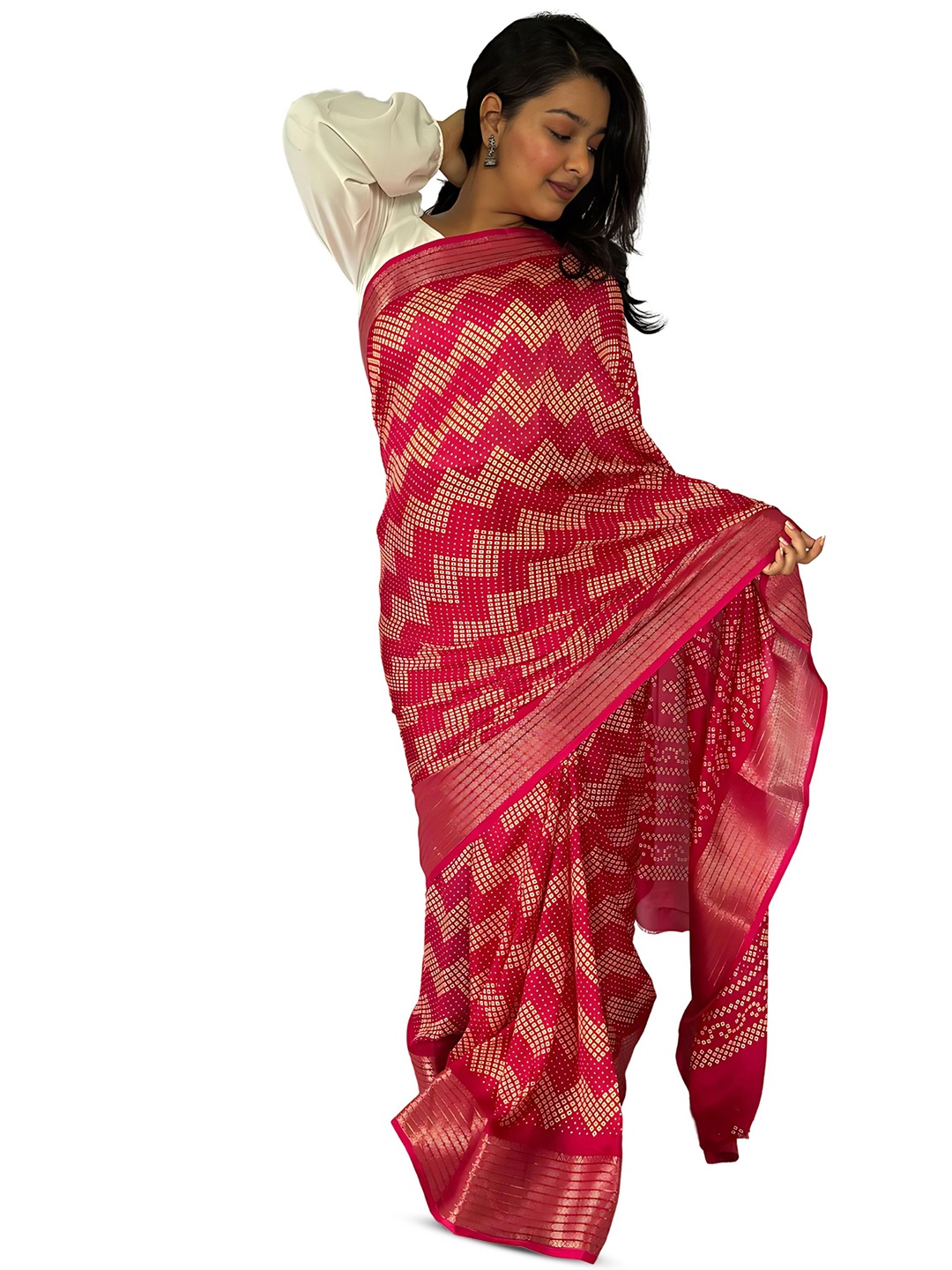 

SANJANA SILK Bandhani Zari Chanderi Saree, Pink