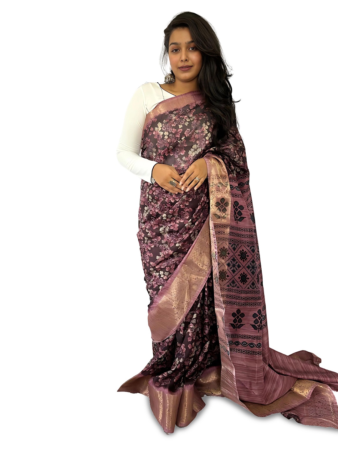 

SANJANA SILK Floral Zari Chanderi Saree, Purple