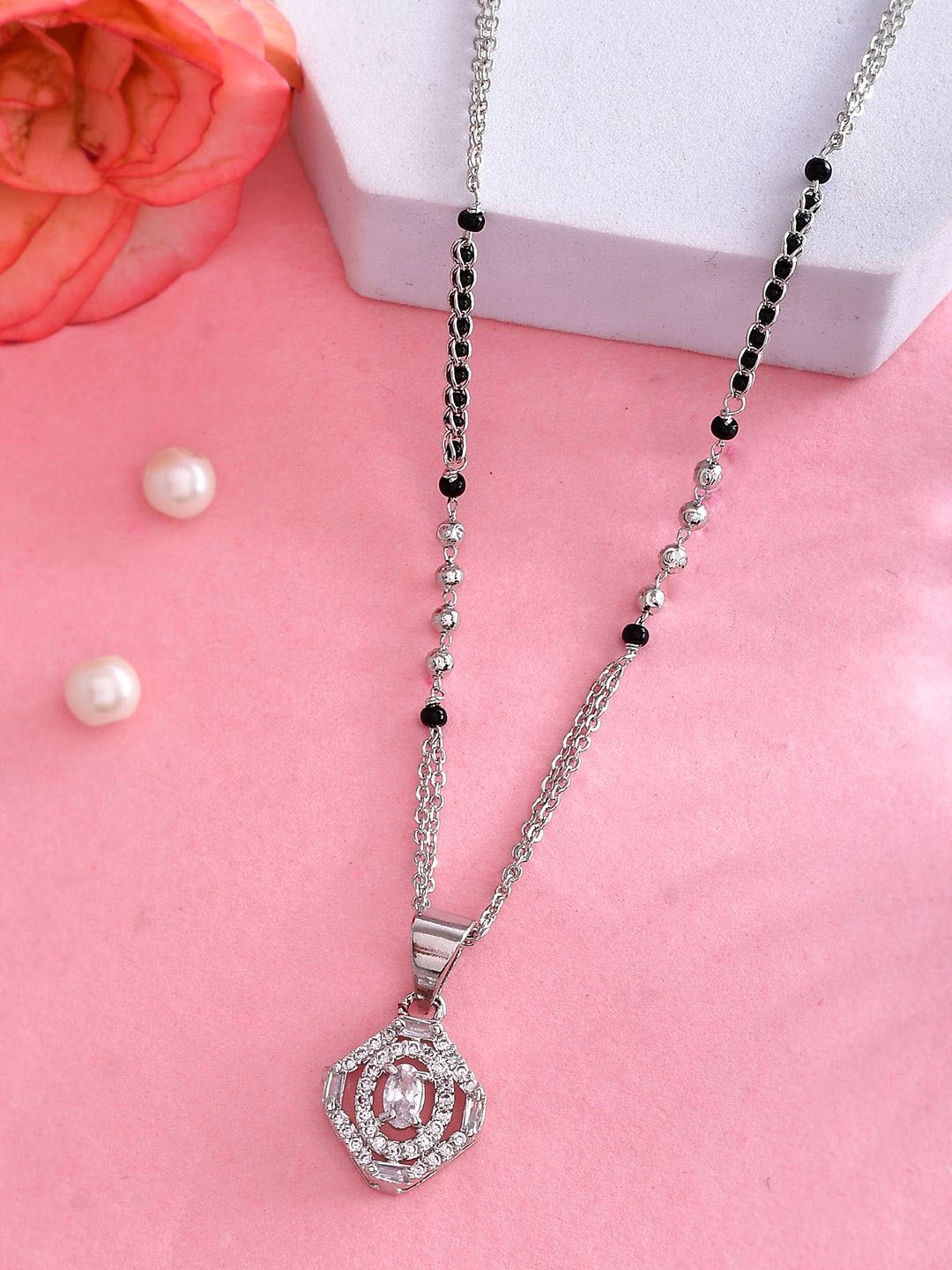 

Voylla Rhodium-Plated Stones and Beads Mangalsutra, Silver