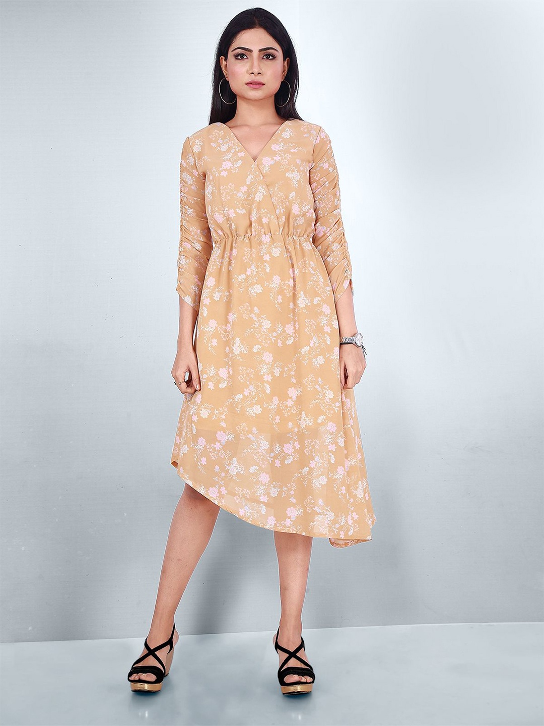 

ODETTE Floral Print V-Neck Puff Sleeves Fit & Flare Dress, Yellow