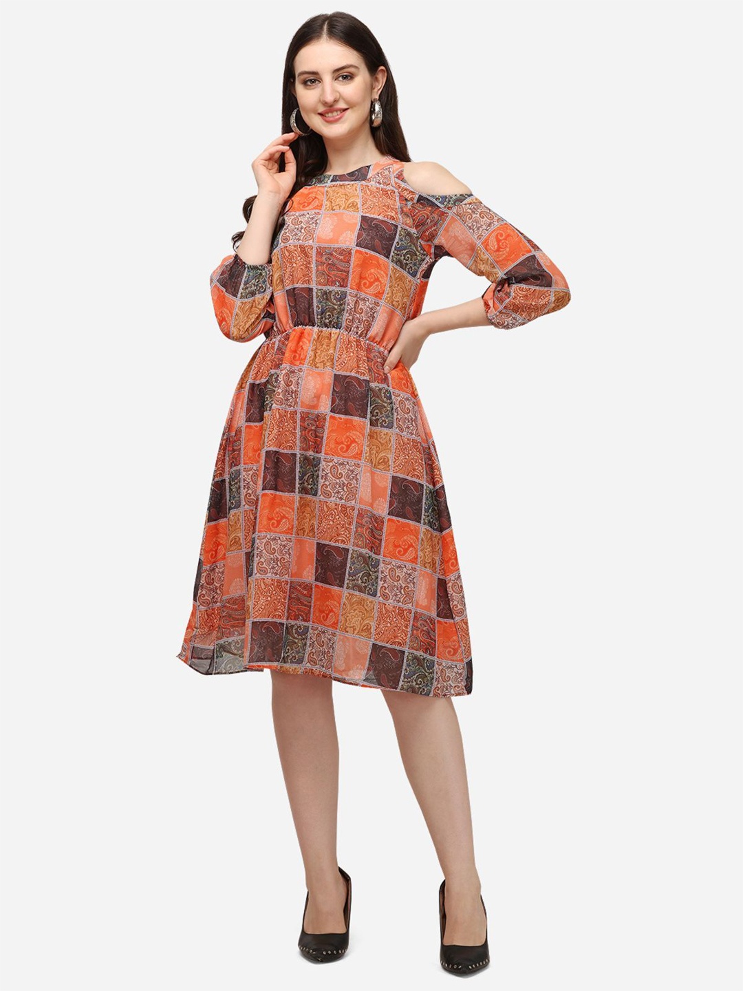 

ODETTE Checked Cold-Shoulder Georgette Fit & Flare Dress, Orange