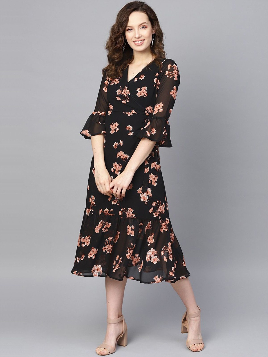 

ODETTE Floral Print Bell Sleeve Georgette Midi Dress, Black