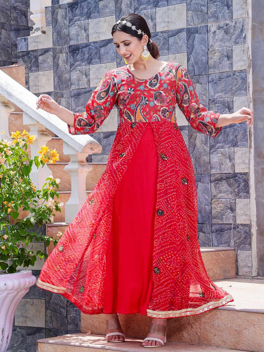 

VASVI Women Floral Print Crepe Maxi Dress, Red