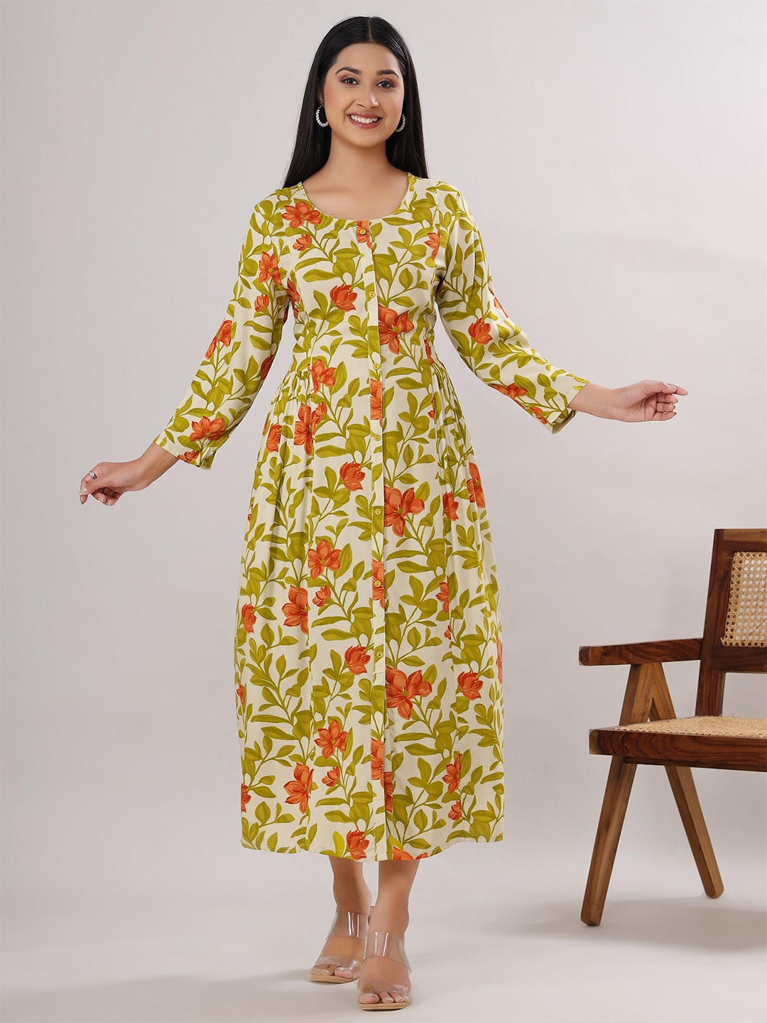 

VASVI Floral Print A-Line Midi Dress, Green