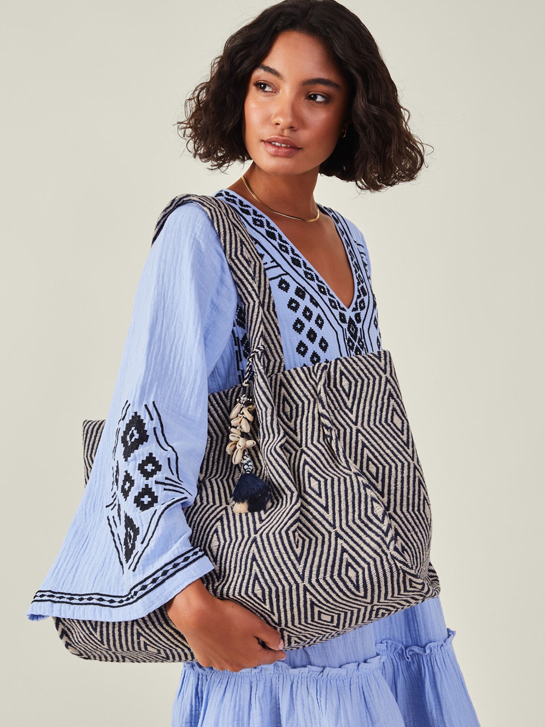 

Accessorize Textured Structured Shoulder Bag with Tasselled, Blue