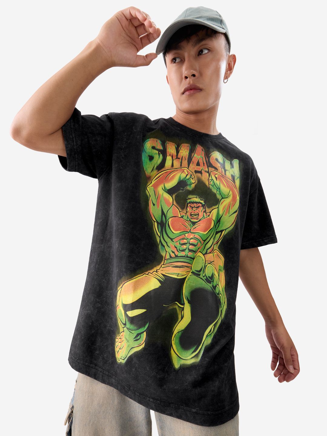 

The Souled Store Hulk Men Graphic Printed Round Neck Pure Cotton Oversized T-shirt, Black