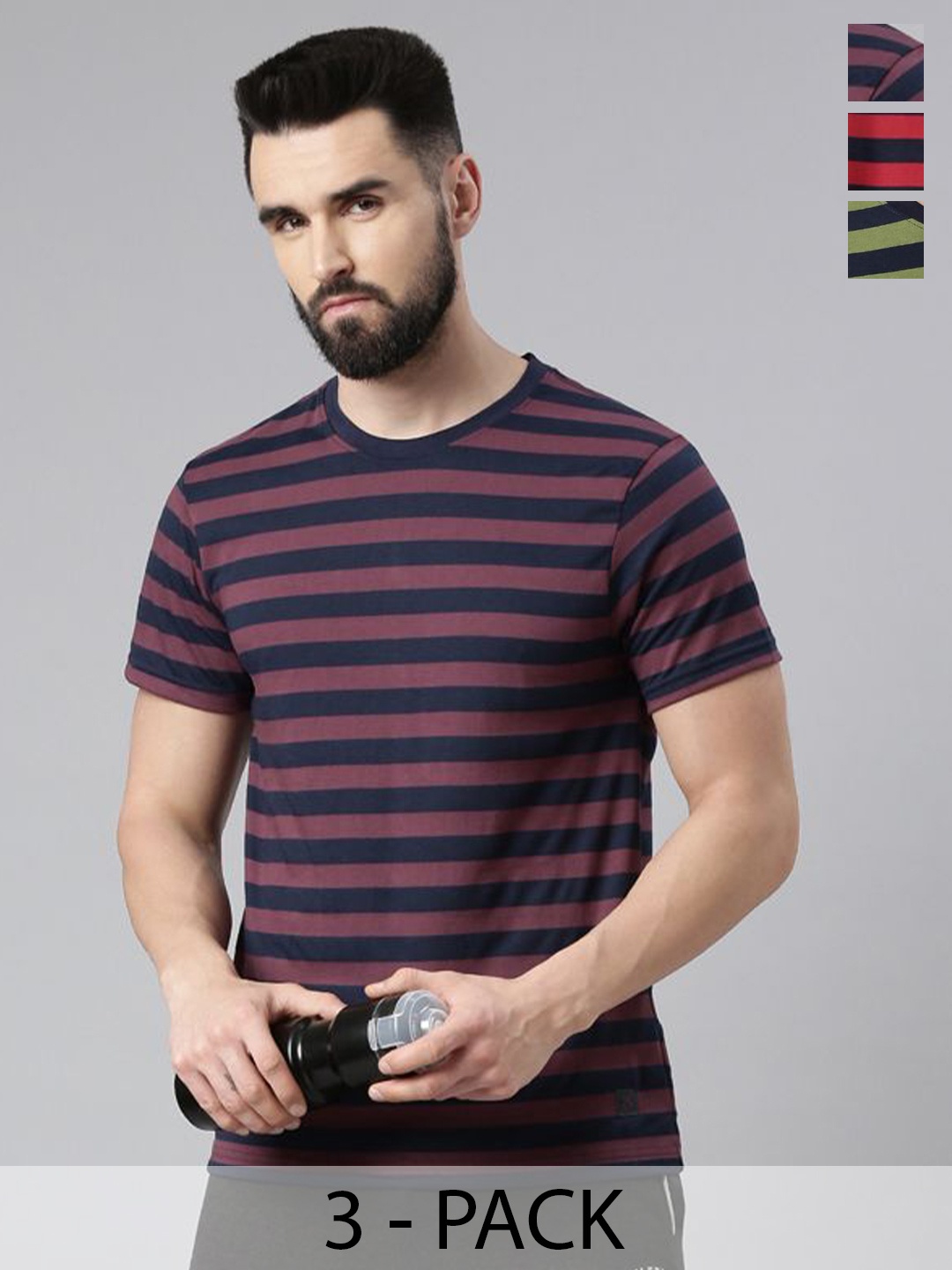 

Force NXT Men Pack Of 3 Round Neck Striped T-shirts, Pink