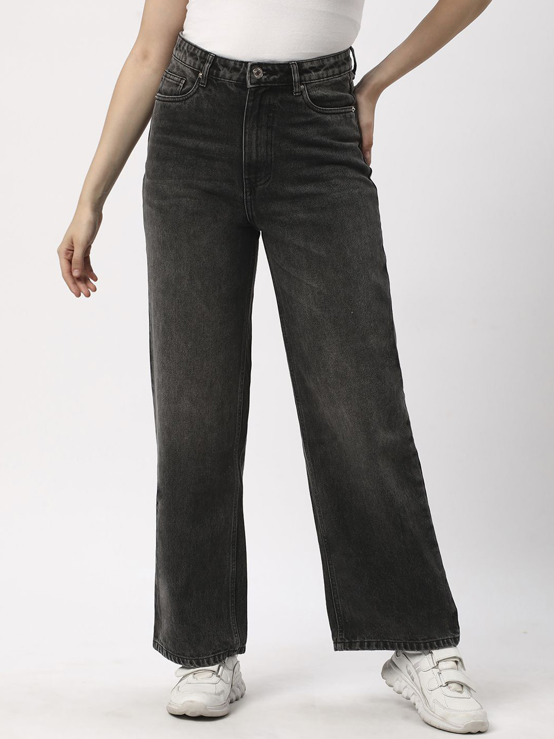 

R&B Women Wide Leg Light Fade Clean Look Cotton Jeans, Black
