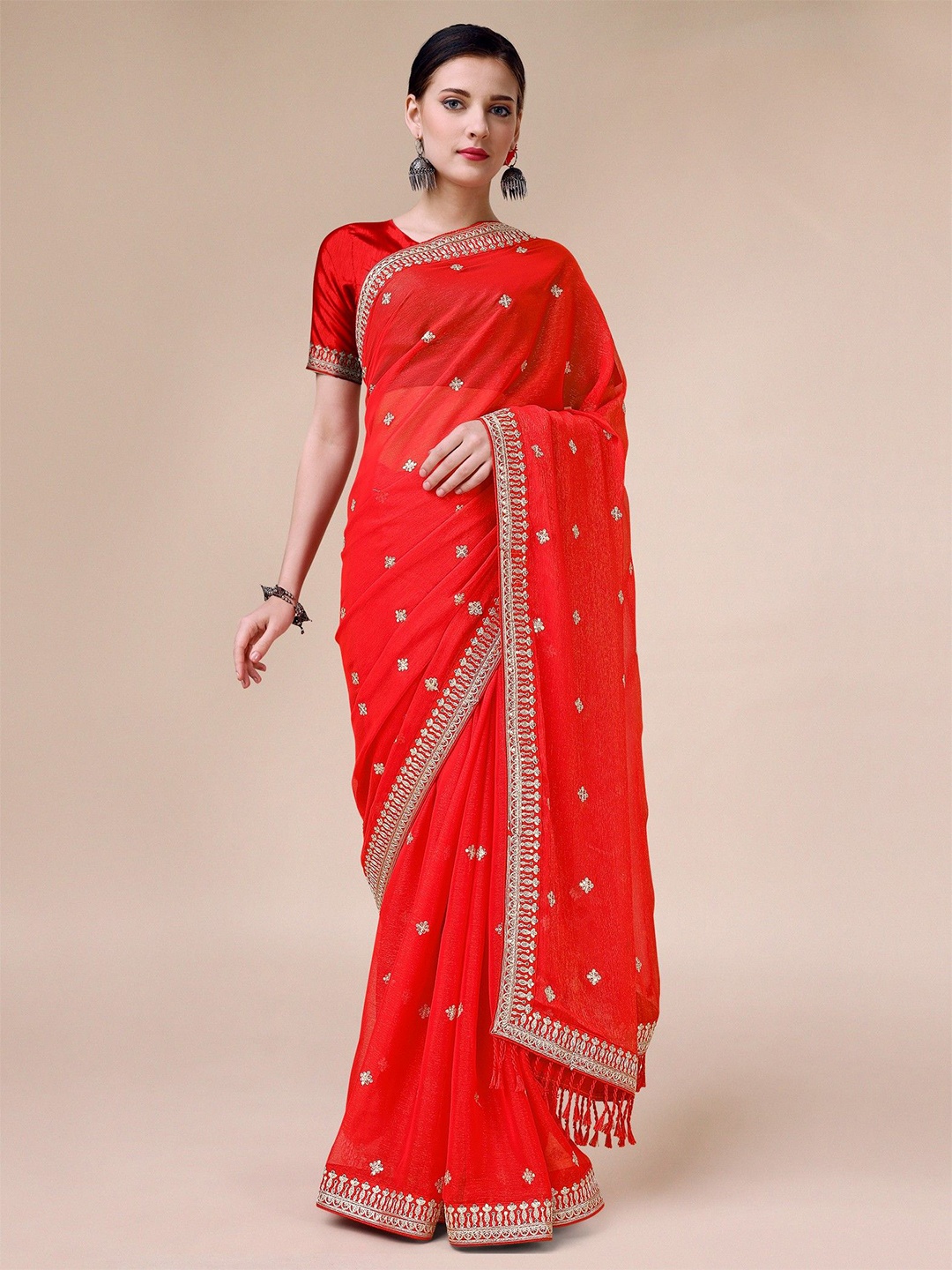 

HERE&NOW Embellished Sequinned Pure Chiffon Saree, Red