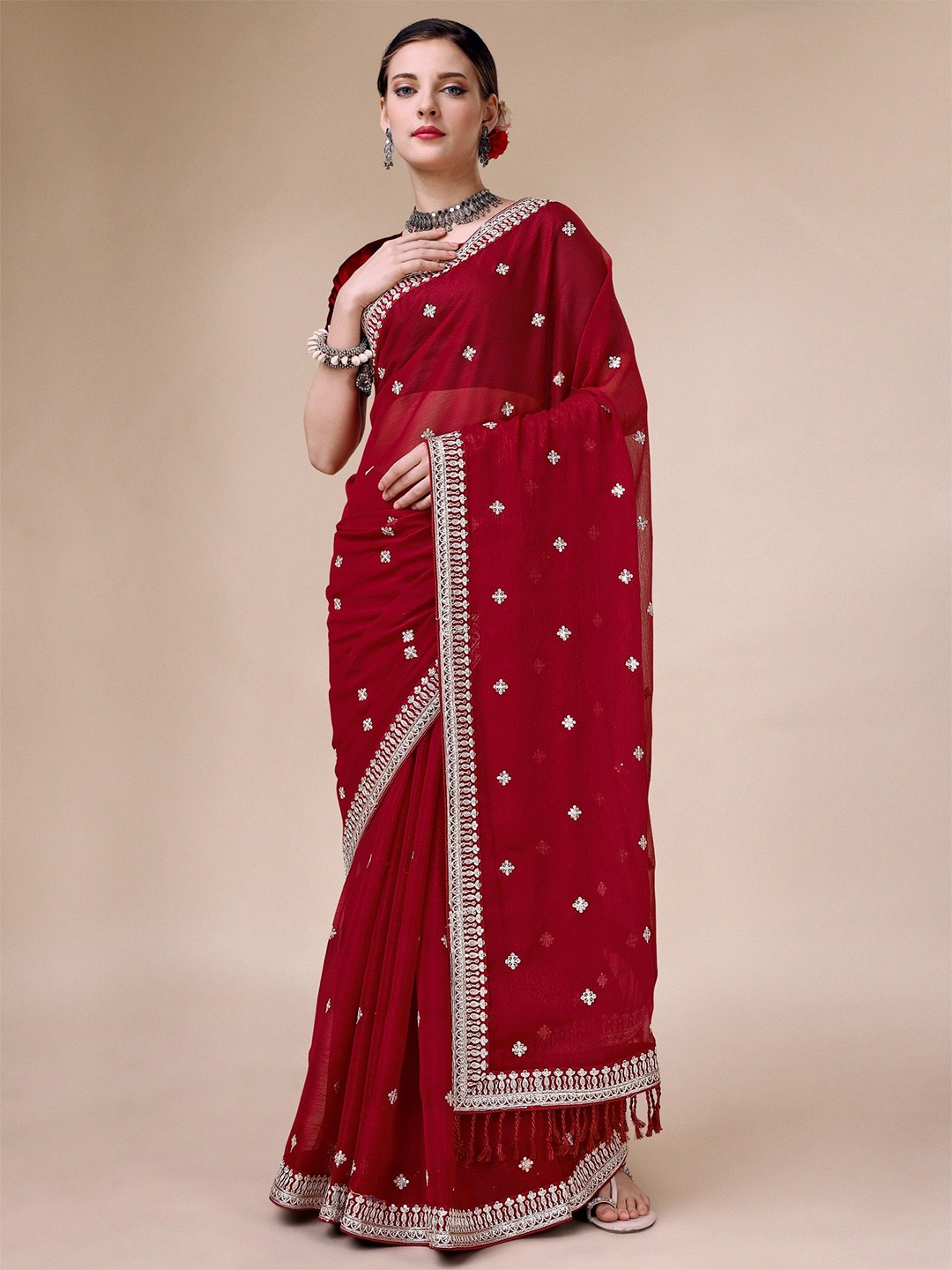 

HERE&NOW Floral Embroidered Pure Chiffon Saree, Maroon