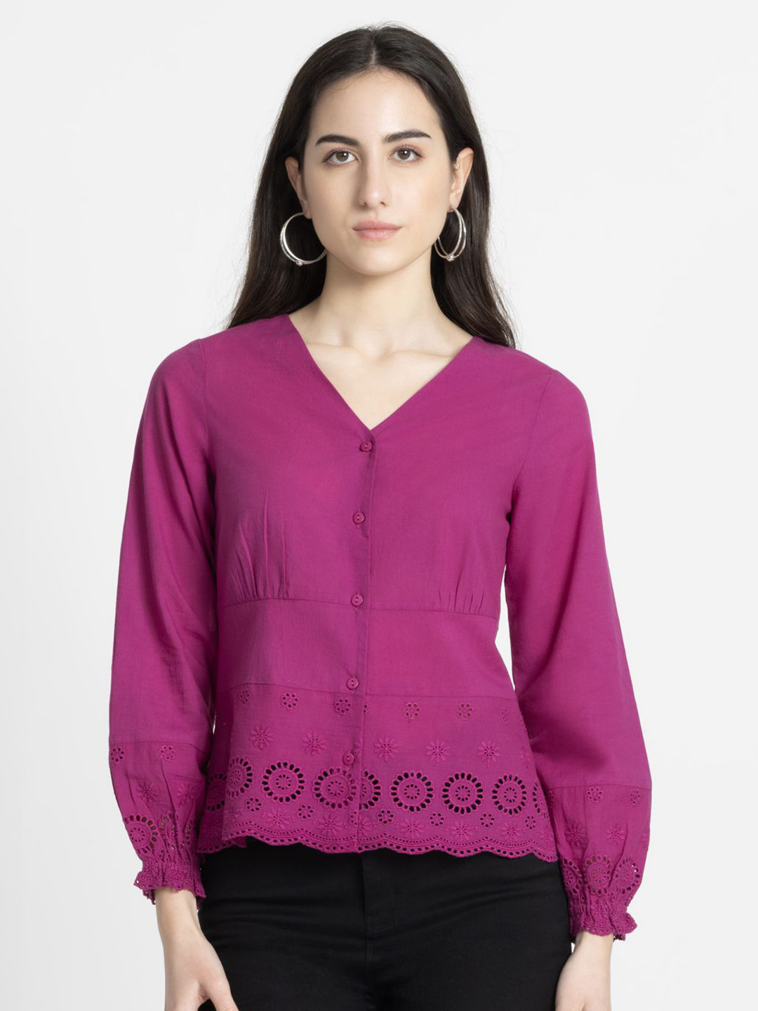 

SHAYE Solid Schiffli V-Neck Cotton Top, Purple