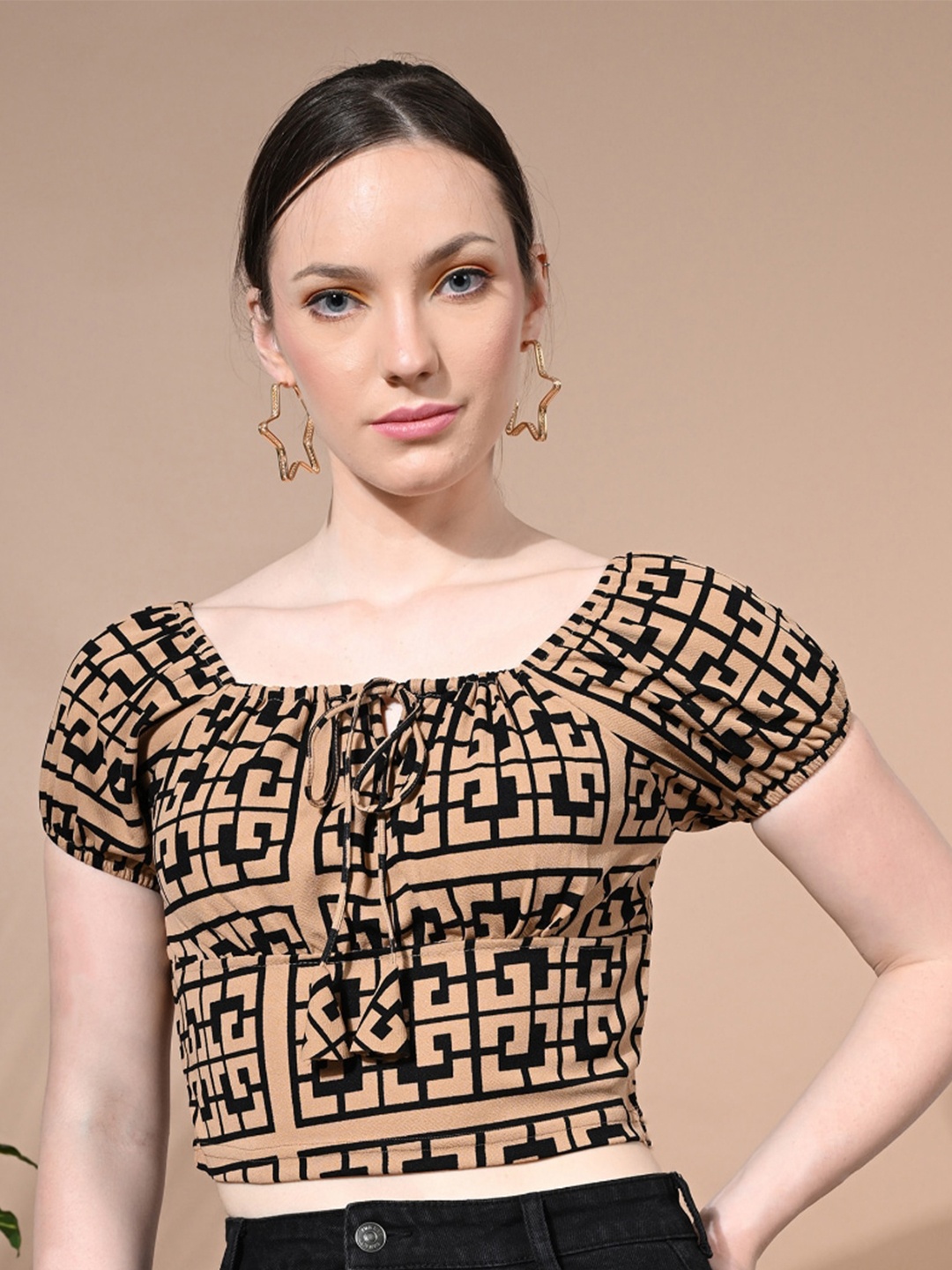 

IUGA Women Printed Puff Sleeve Crop Top, Brown