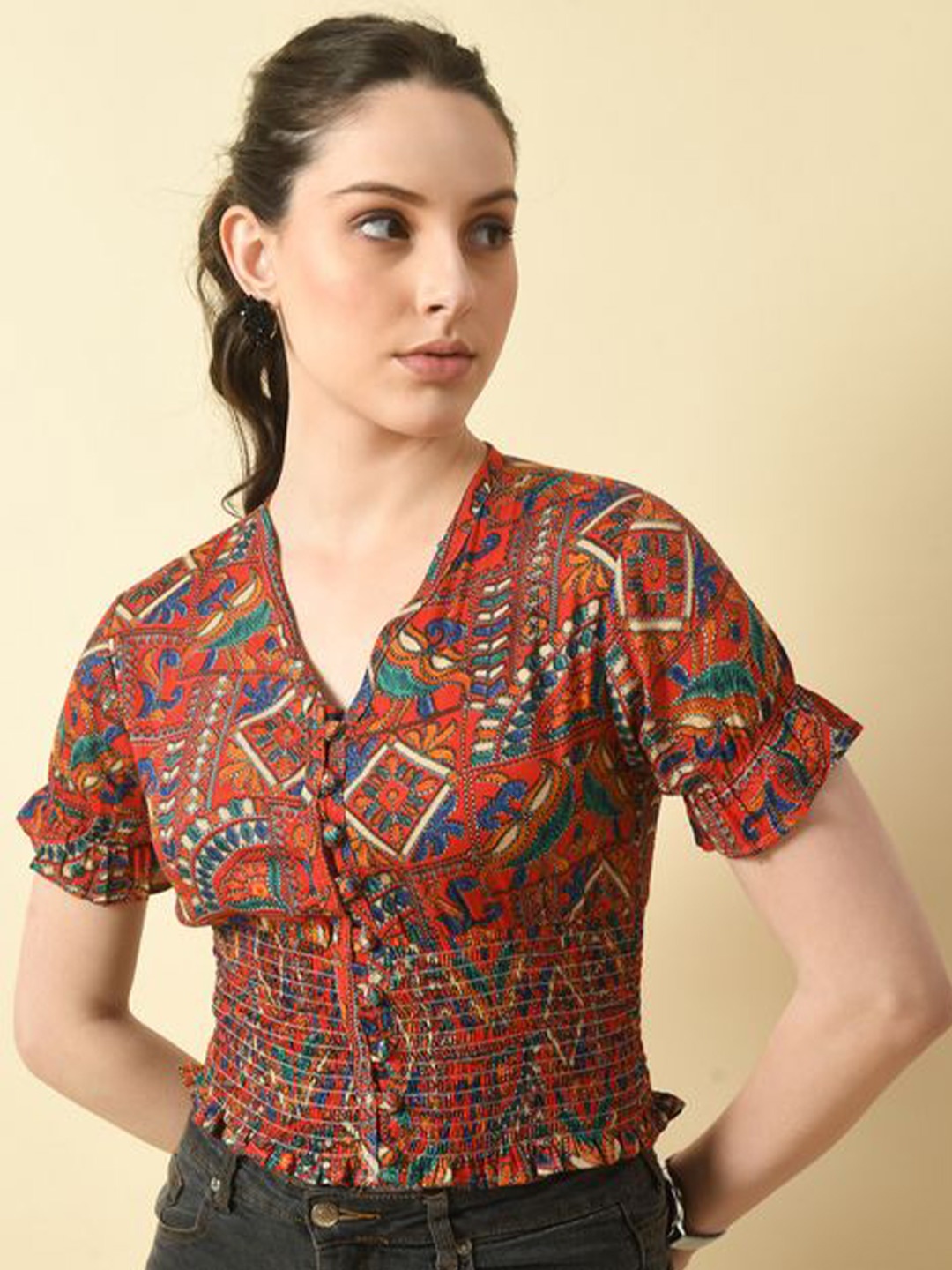 

IUGA Floral Print Extended Sleeves Cinched Waist Crop Top, Maroon