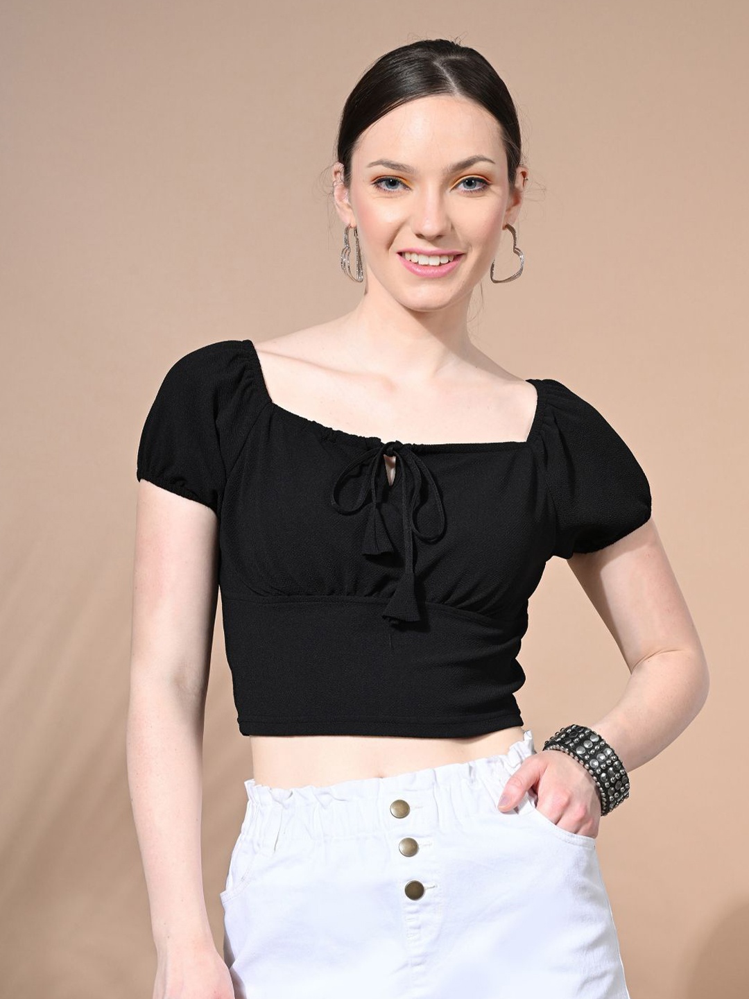 

IUGA Tie-Up Neck Puff Sleeve Crop Top, Black