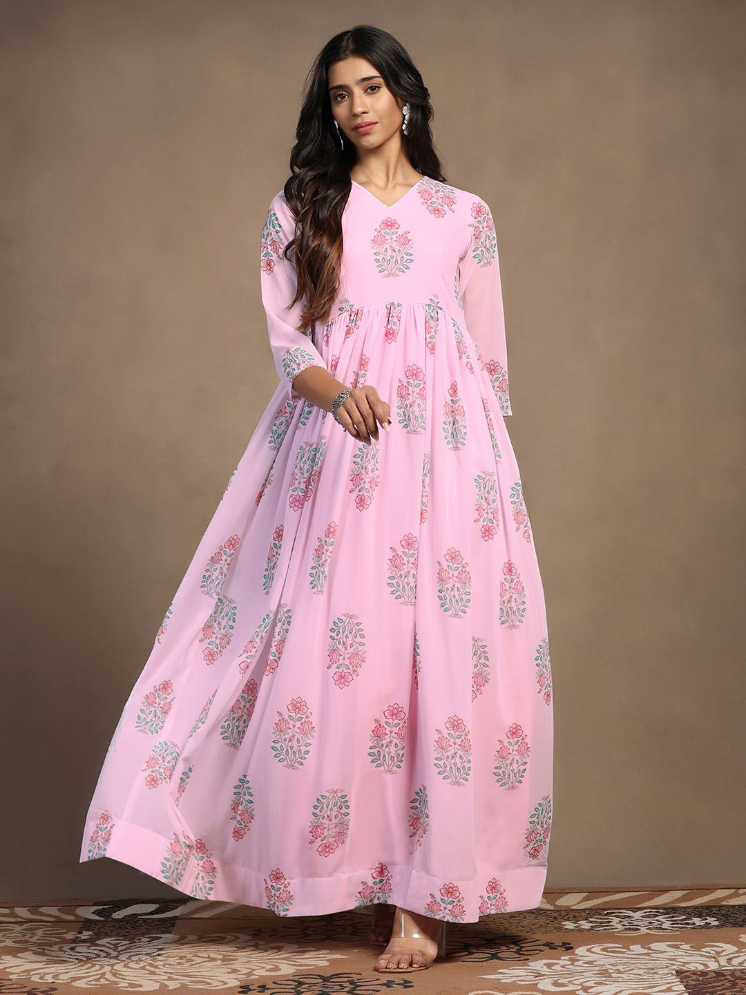 

FASHION DREAM Women Floral Print A-line Maxi Ethnic Dress, Pink