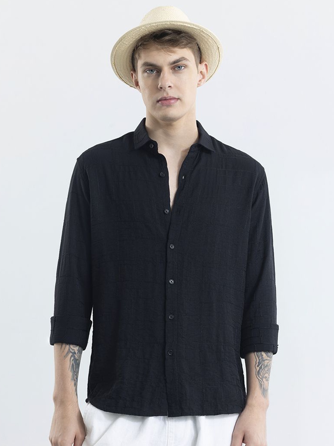 

Snitch Men Textured Spread Collar Classic Slim Fit Casual Shirt, Black