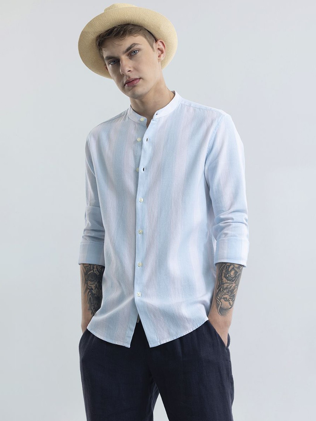 

Snitch Men Striped Band Collar Cotton Classic Slim Fit Casual Shirt, White