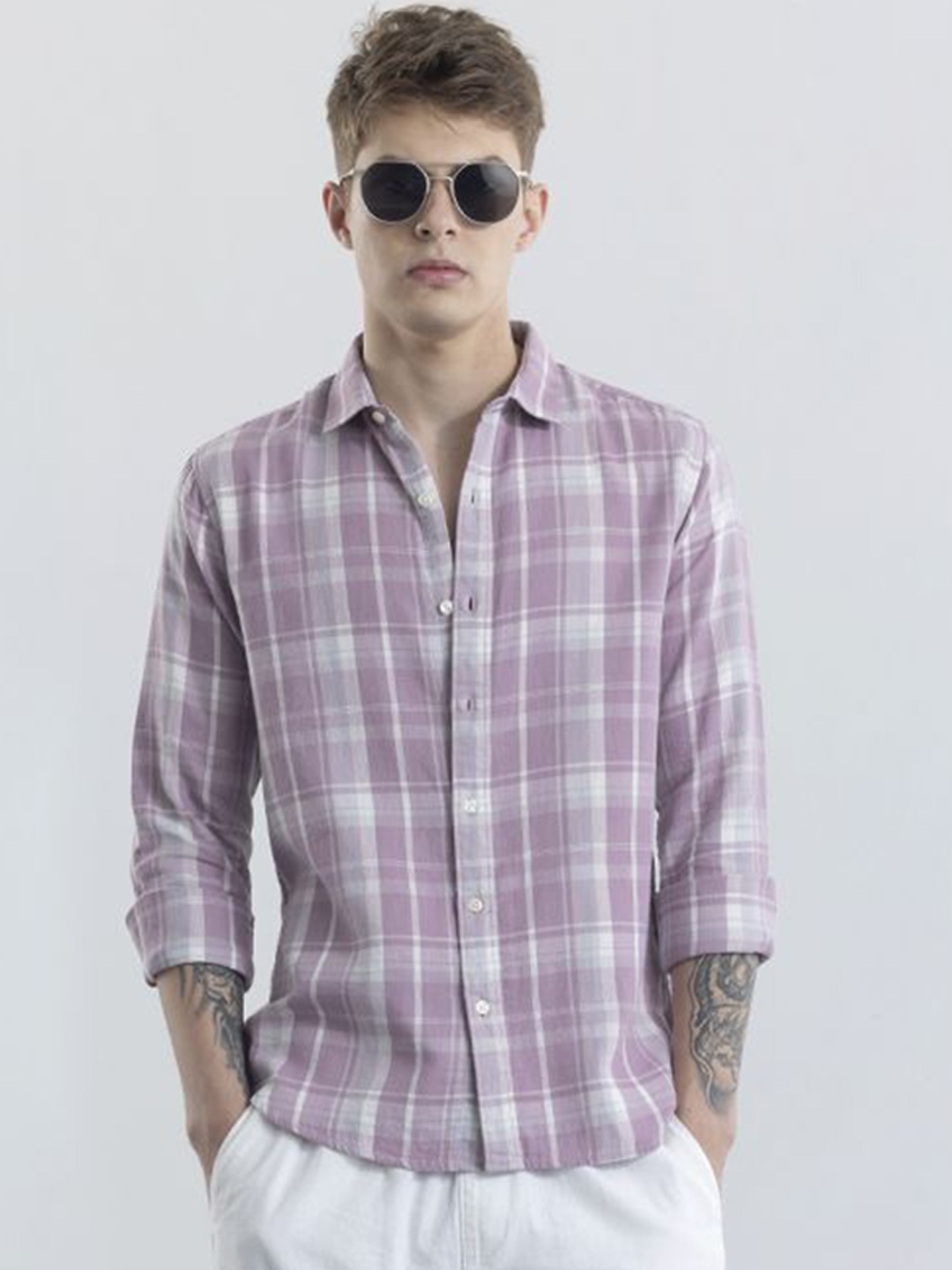 

Snitch Men Tartan Checks Spread Collar Cotton Classic Slim Fit Casual Shirt, Purple