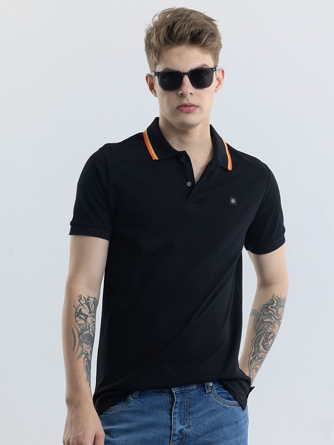 

Snitch Men Solid Polo Collar Slim Fit Pure Cotton T-shirt, Black