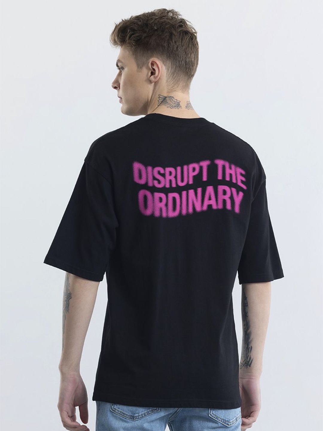 

Snitch Men Typography Printed Round Neck Pure Cotton Oversized T-shirt, Black