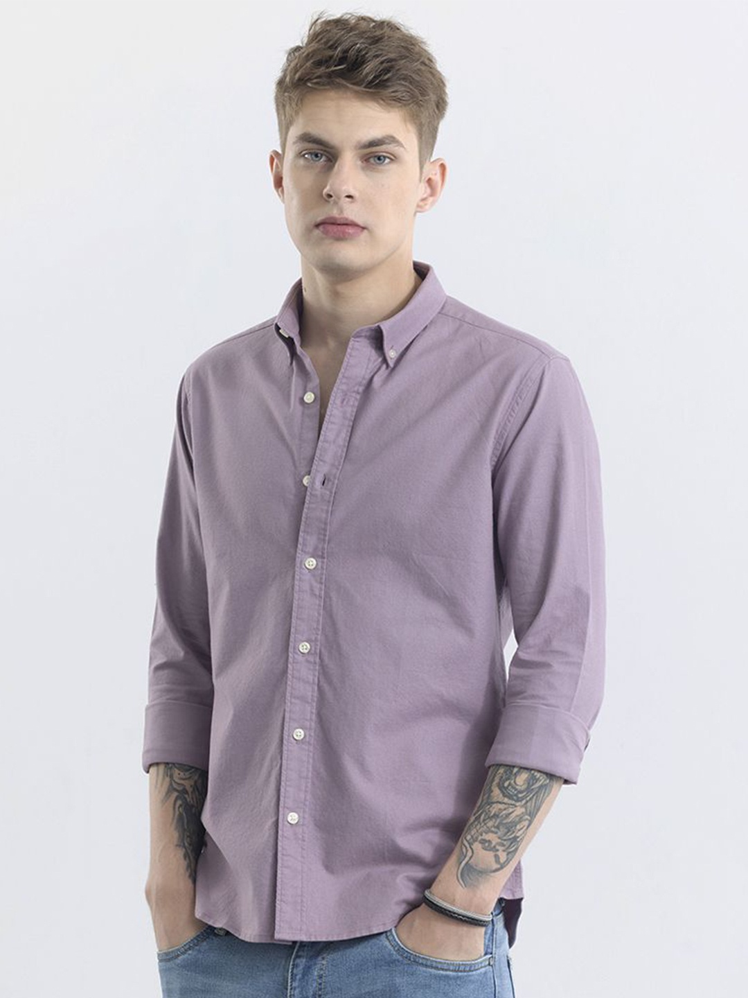 

Snitch Men Solid Button-Down Collar Cotton Classic Slim Fit Casual Shirt, Purple