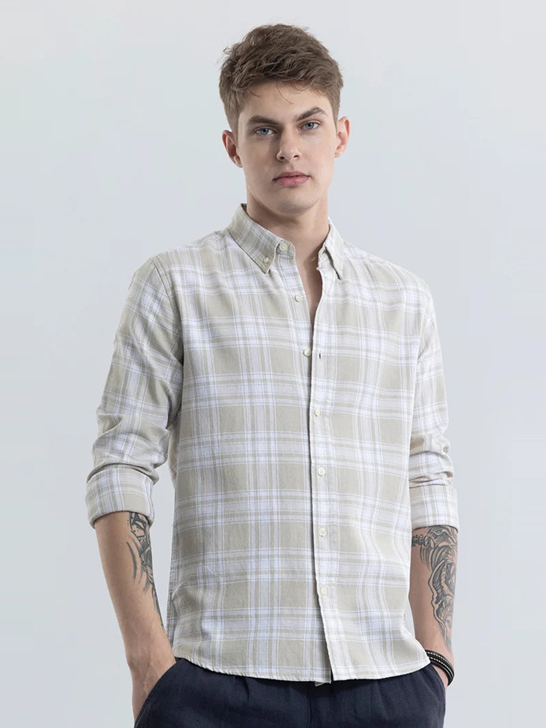 

Snitch Men Classic Slim Fit Tartan Checks Opaque Checked Casual Shirt, Grey