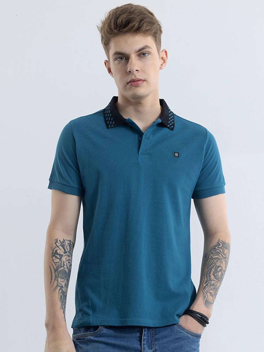 

Snitch Men Solid Polo Collar Slim Fit Pure Cotton T-shirt, Teal