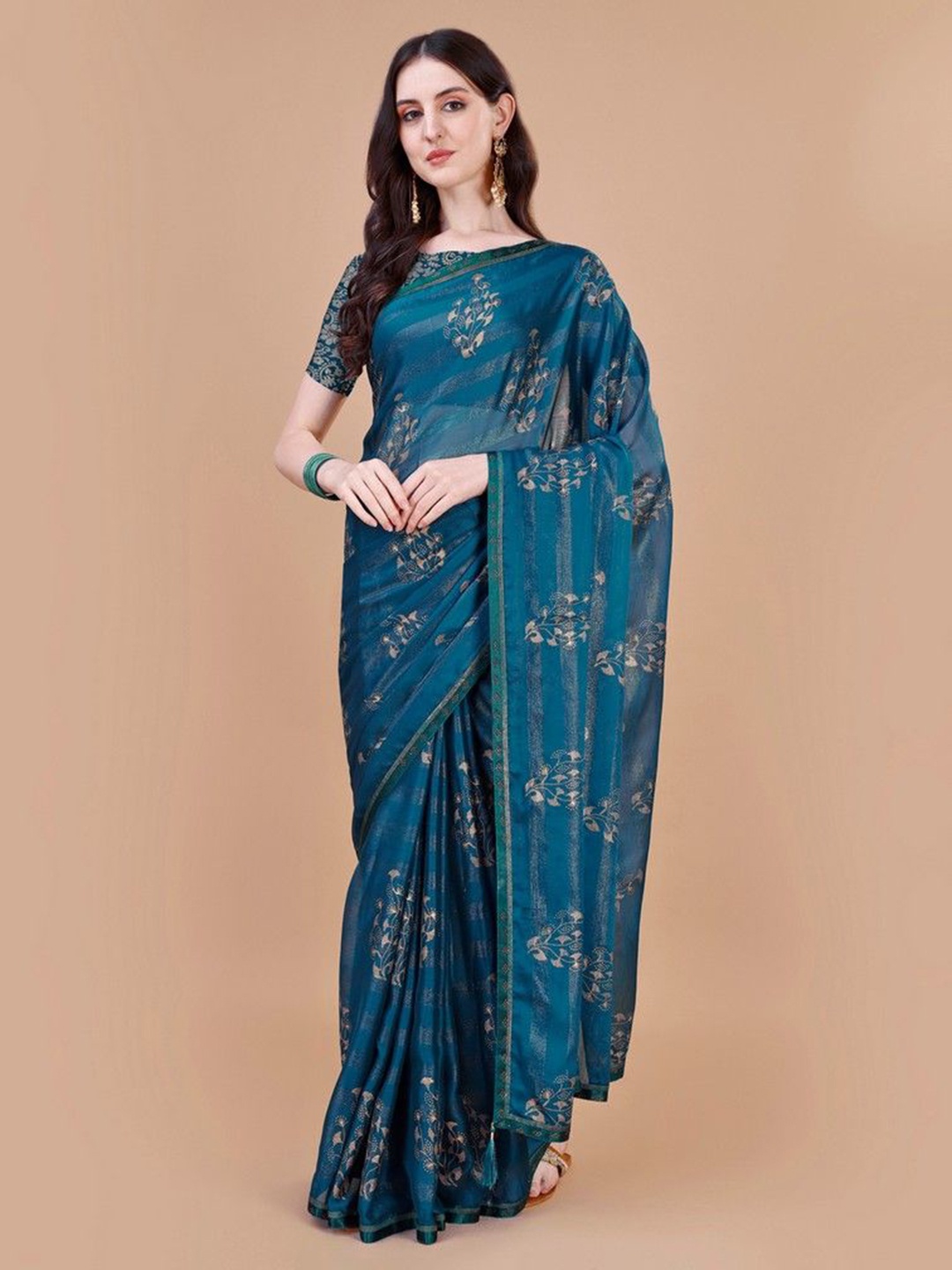 

HERE&NOW Printed Saree With Blouse Piece, Navy blue