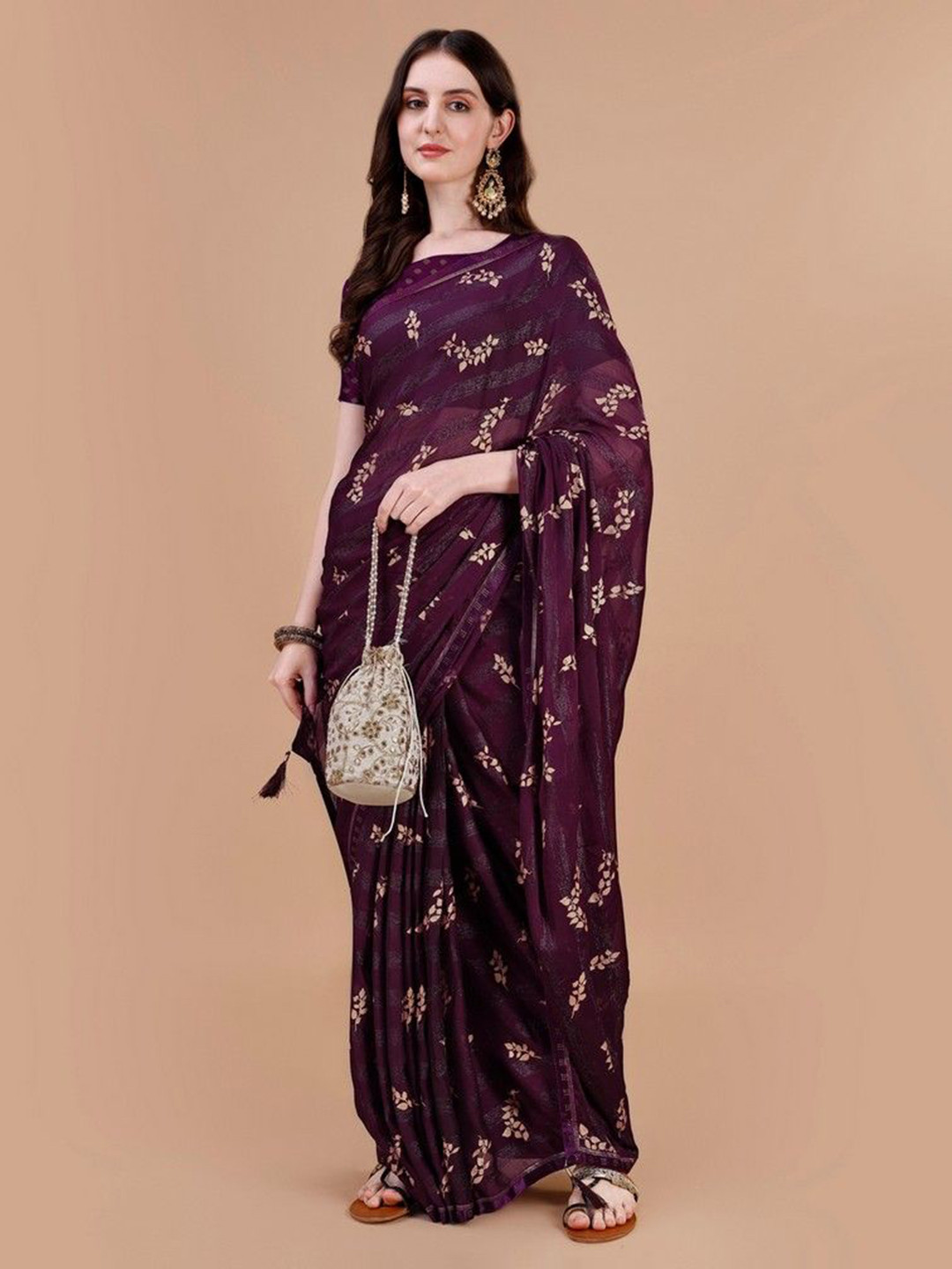 

HERE&NOW Floral Beads and Stones Saree, Purple