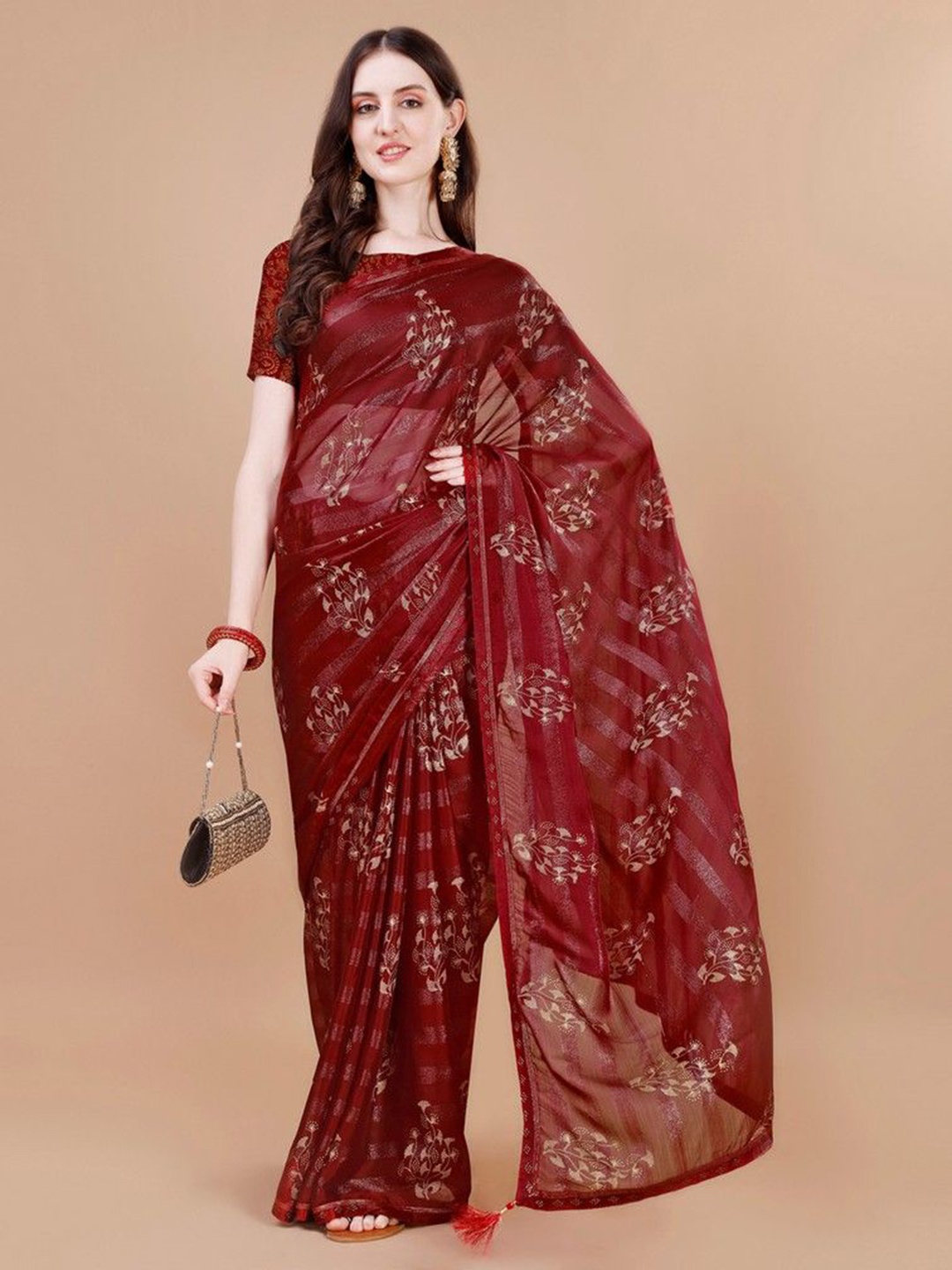 

HERE&NOW Floral Poly Chiffon Saree, Maroon