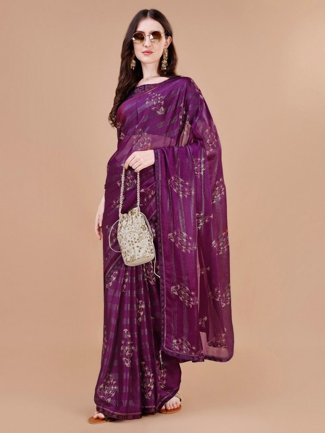 

HERE&NOW Ethnic Motif Embellished Saree, Purple
