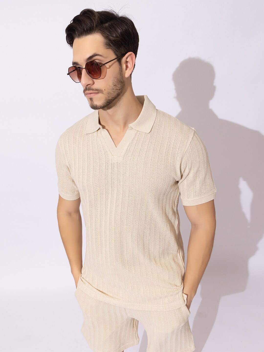 

ARMISTO Men Polo Collar Crochet Knit Resort T-shirt, Beige