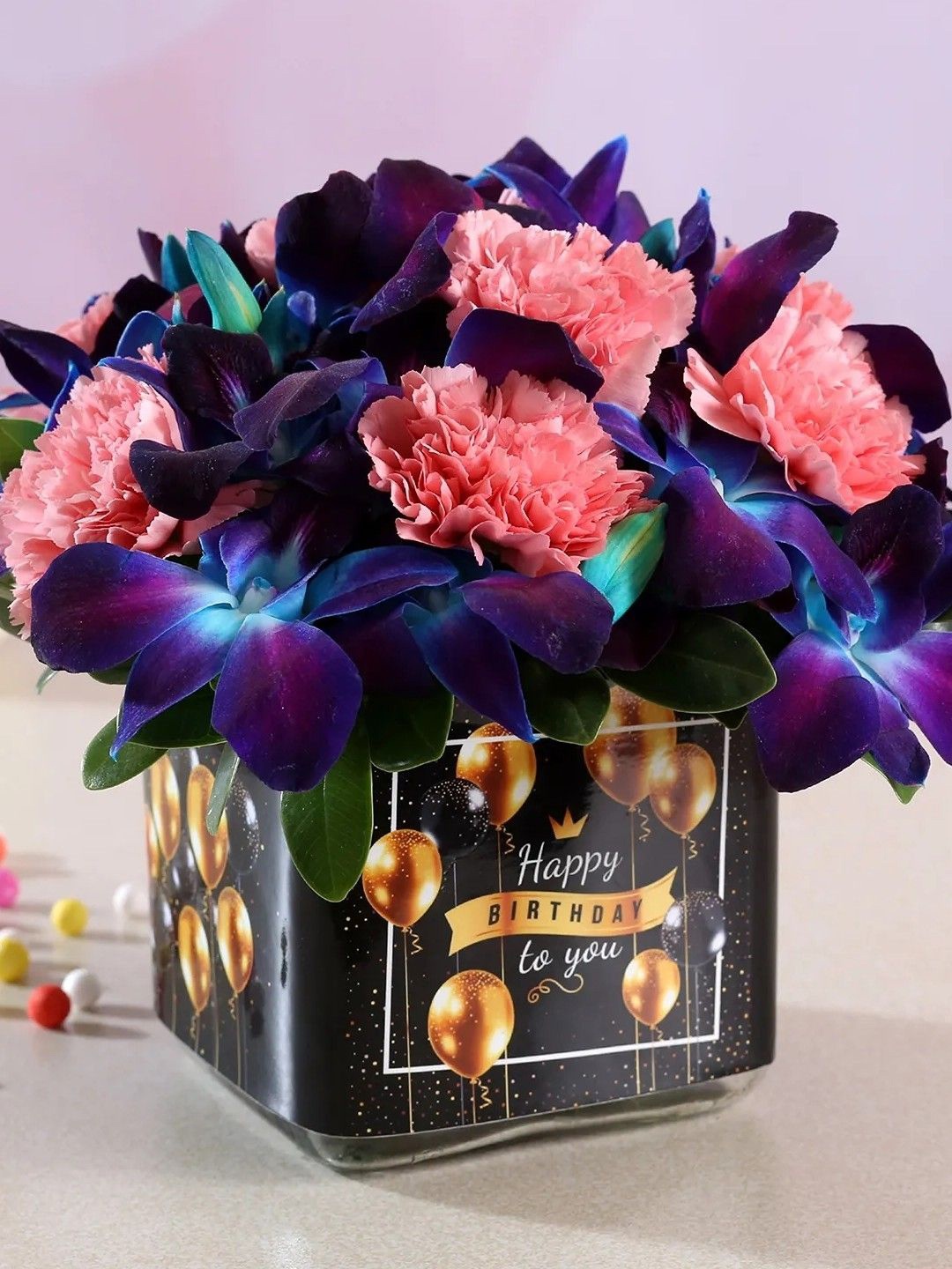 

fnp Pink 12 Pieces Carnations & Blue Orchids Birthday Vase