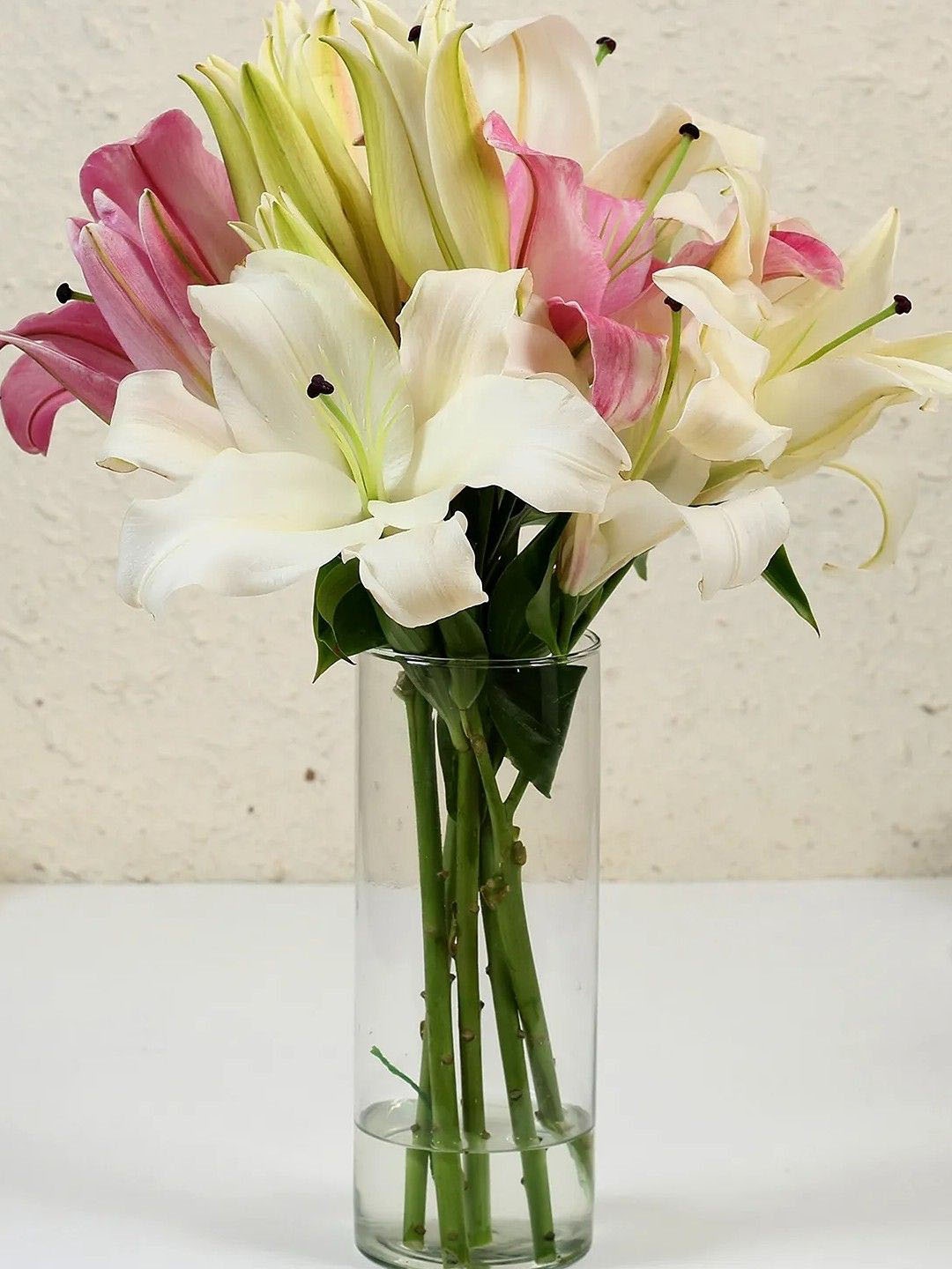 

fnp Pink & White 5 Pieces Oriental Lilies Fresh Flowers In Glass Vase