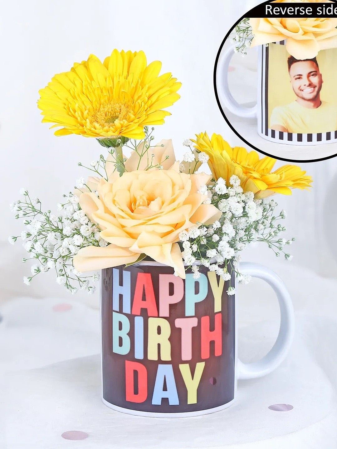 

fnp Yellow & White 4 Pieces Mixed Fresh Flowers Basket With Mug