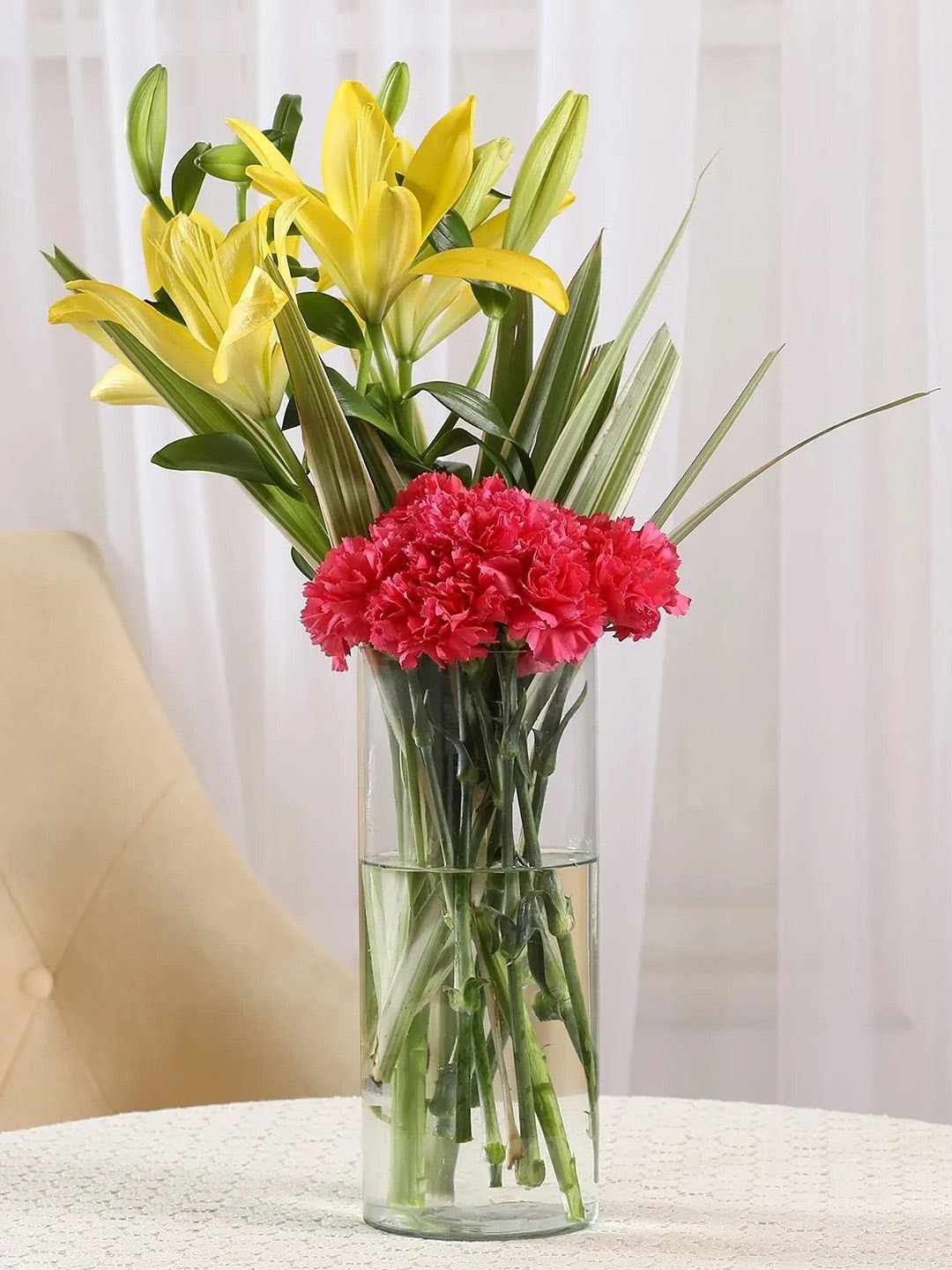 

fnp Yellow & Pink 12 Pieces Red Carnations & Lilies Fresh Flowers Bouquet